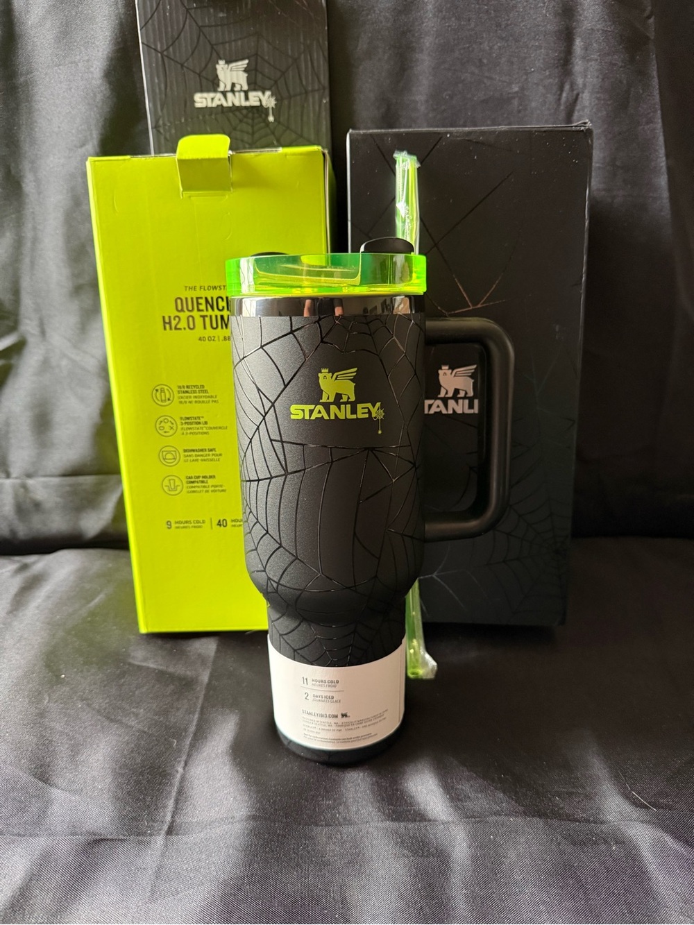 New Stanley 40oz Special Spider Web Black Tumbler with Neon Green Lid and Straw